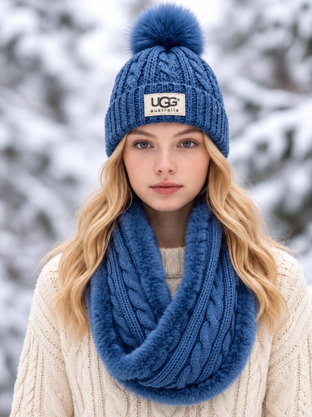 Ugg Australia NWT Blue Cable Knit Pom Pom Beanie Faux Fur Infinity Scarf Set